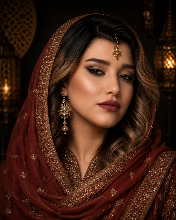 Woman wearing a richly embroidered veil and gold jewelry
